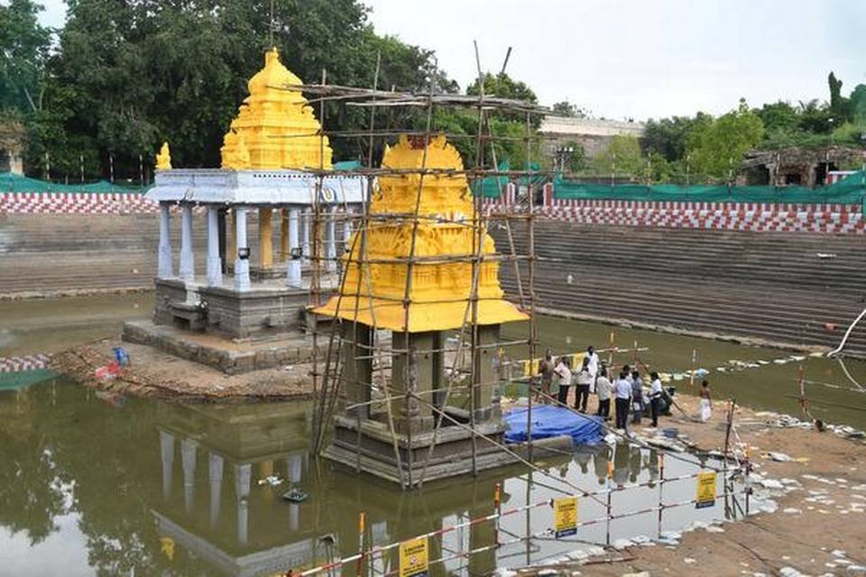 The tank at the Sri Devarajaswamy temple being readied for the immersion of the Athi Varadar idol.