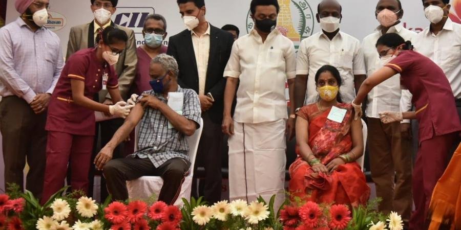 Chief Minister MK Stalin launches the free Covid vaccination camp at Kauvery Hospital in association with CII on Wednesday in Chennai 